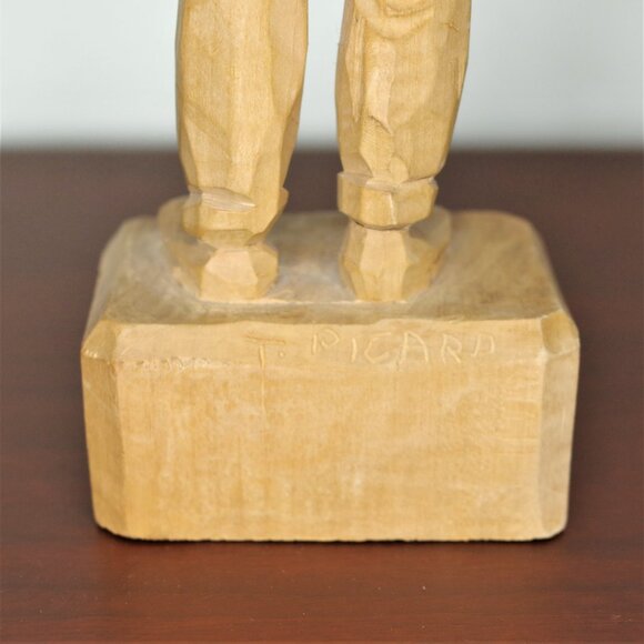 Vintage Hand Carved Wood Sculpture Quebec T. Picard 13" Bearded Man With Basket - Picture 7 of 8